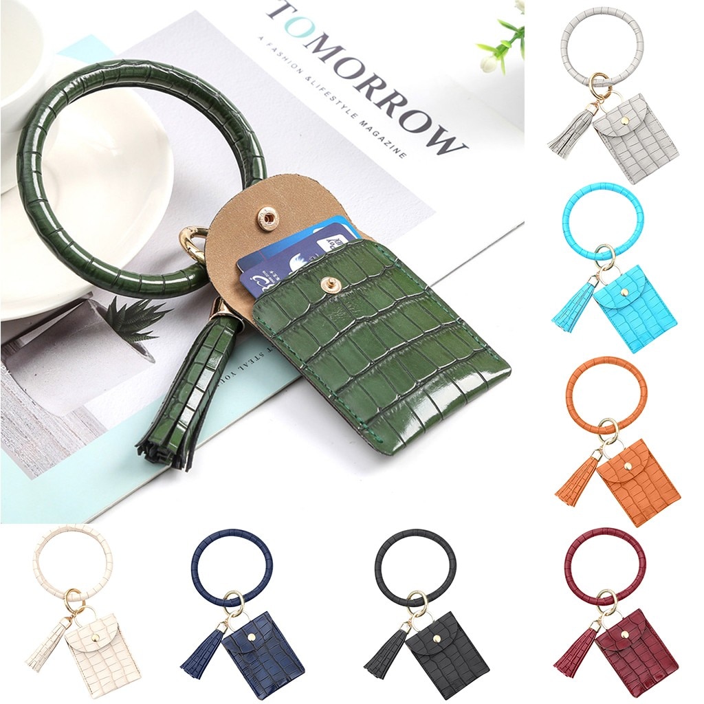 Keychain Bracelet Wristlet Bangle Key Card Holder Large Round Keyring Leather Tassel For Women Girls With Wallet D4