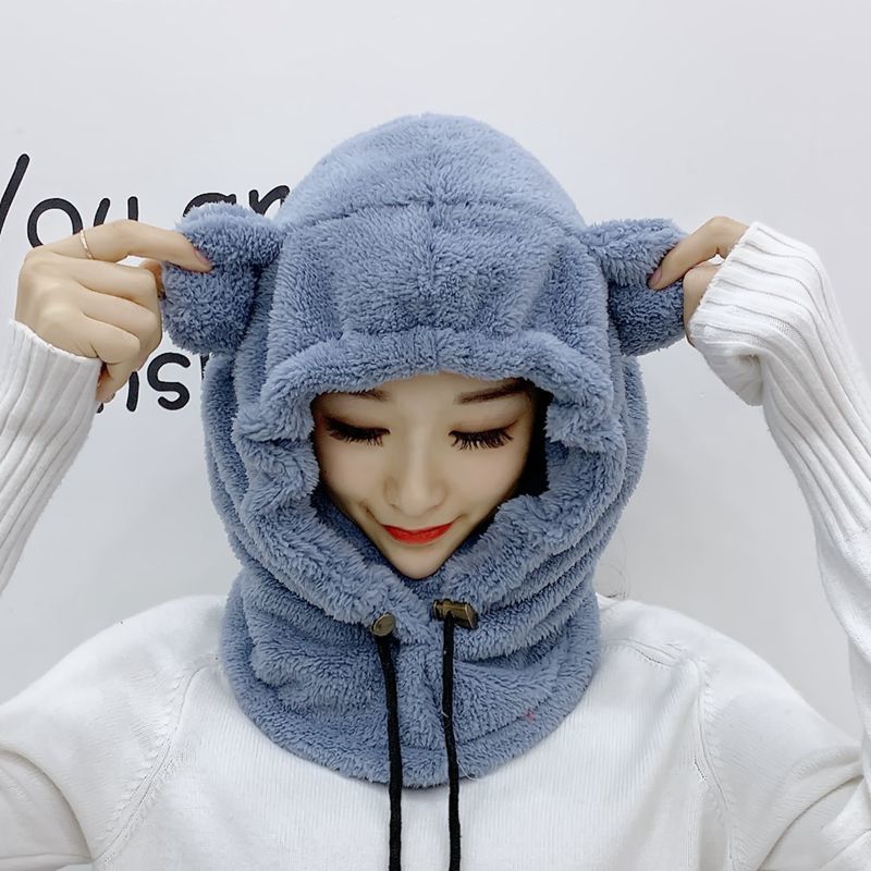 Winter Cute Selling Cute Bear Ears Warm Hat Windproof Neck Scarf Cap Student Women Children Plus Cashmere Cap: adult blue