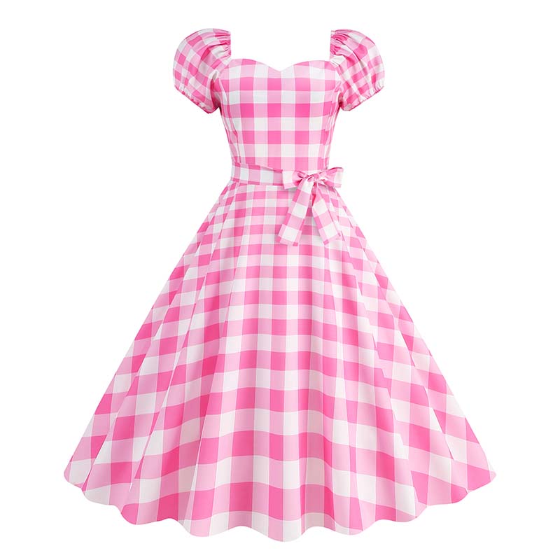 Plaid Print Retro Women Dress Puff Short Sleeve 50s Summer Polka Dot Midi Party Dresses