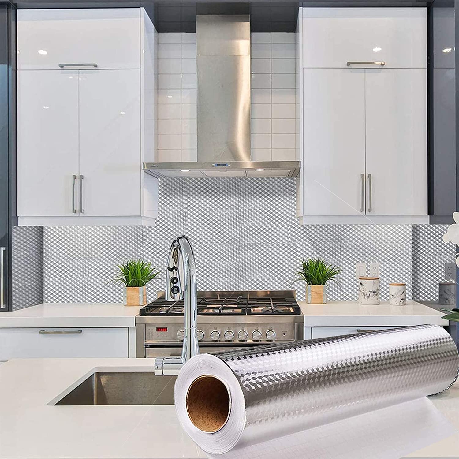 Lámina de aluminio autoadhesiva para cocina, rollo de aceite para cocina de 60x200cm, 5m y 10m, impermeable, para cajón de armario y rombos