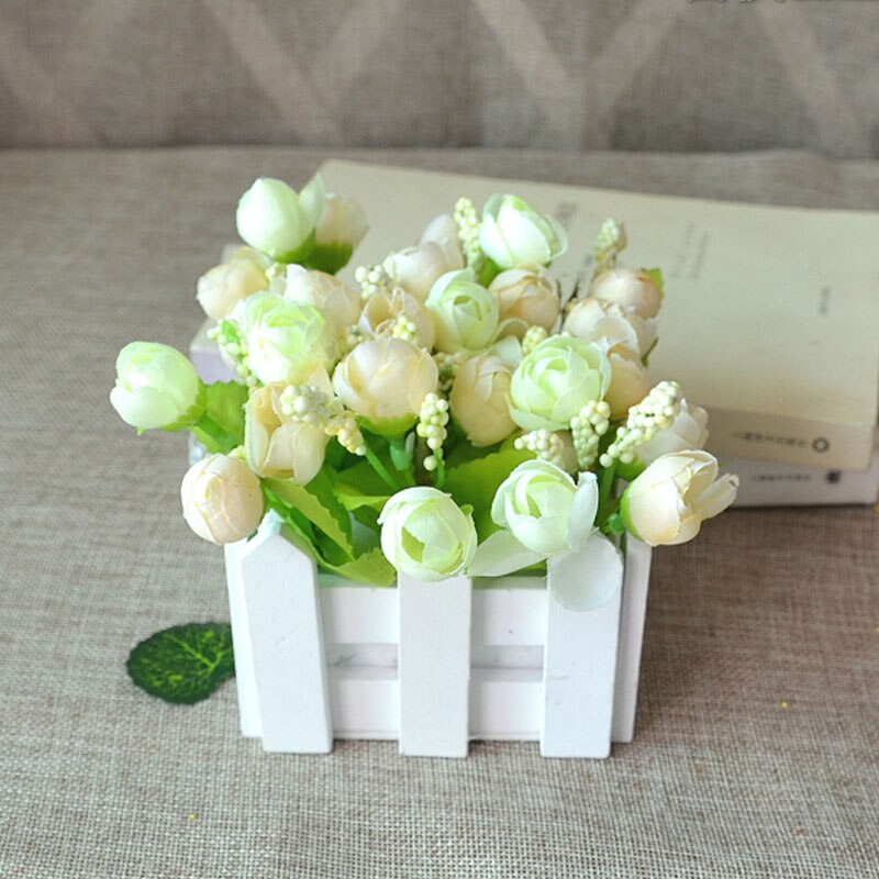 1 sett tregjerdevase + blomsterrose og tusenfryd silke kunstige blomster hjemmedekorasjon hageinnredning bursdag: H