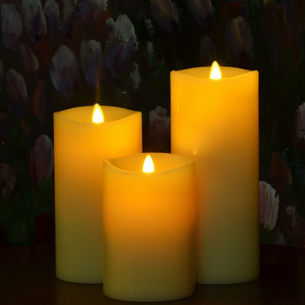 Moving Wick LED Flameless Candle with Remote/Timer Set of 3pcs,3-Inch by 4/6/8-Inch 360 Wave Edge Pillar Candle Ivory