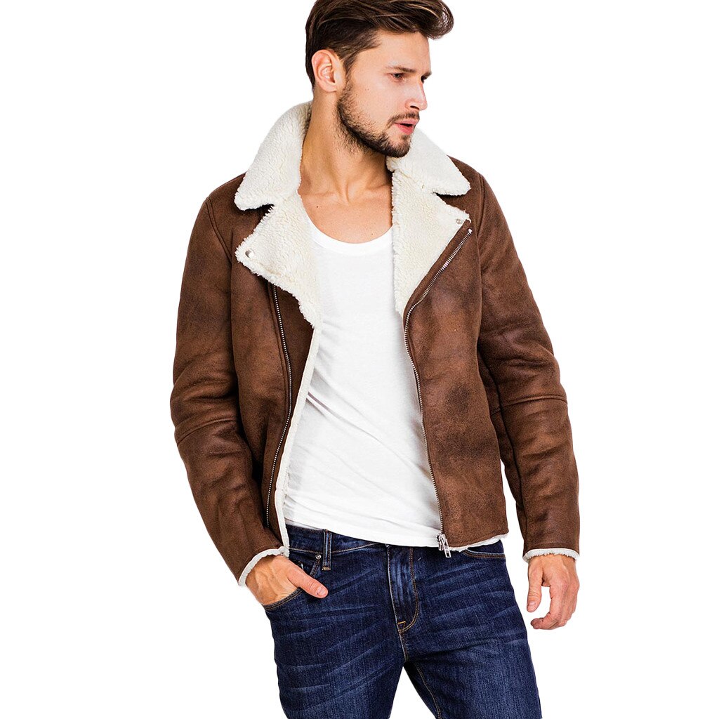 Herre læderjakker efterår vinter varm pels liner lynlås revers læder lynlås outwear frakke kausal herre toppe bluse: Xxxl