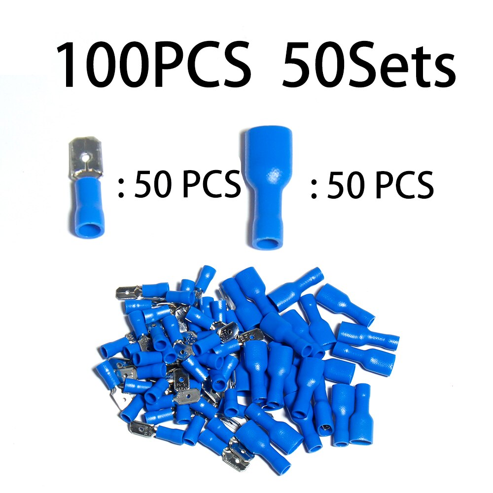 Plug cold pressing insulation fast wire spring connector Terminals Electrical Crimp Spade Lug Cable car Full Fork Assortment Kit: 100PCS 50Sets Blue b