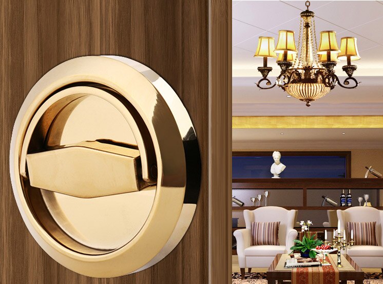 Stainless Steel 304 Recessed Invisible Cup Handle Privacy Hidden Door Locks Cabinet Pulls Handle Fire Proof Disk Ring Lock: Gold
