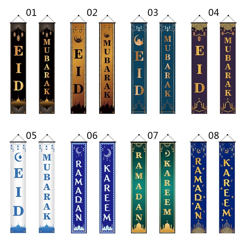 2Pcs Eid Mubarak Porch Banner Ramadan Kareem Front Door Flag Hanging Sign Decor H051