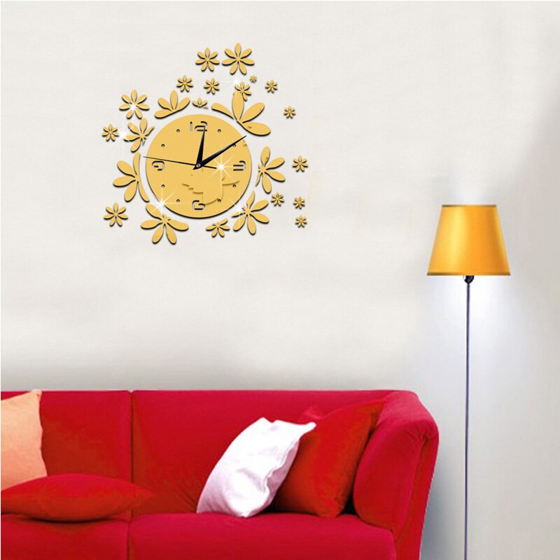 Personality flower acrylic mirror wall clock Children's room home home study bedroom living room wall decoration wall clock