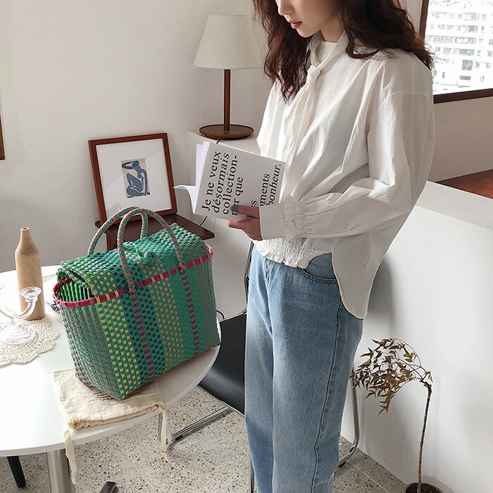 Mand Pp Strap Weave Emmer Polsbandjes Vintage Mori Meisje Handtas Picknick Tas Strandtas Ladylike Hoge Capaciteit Boodschappentas