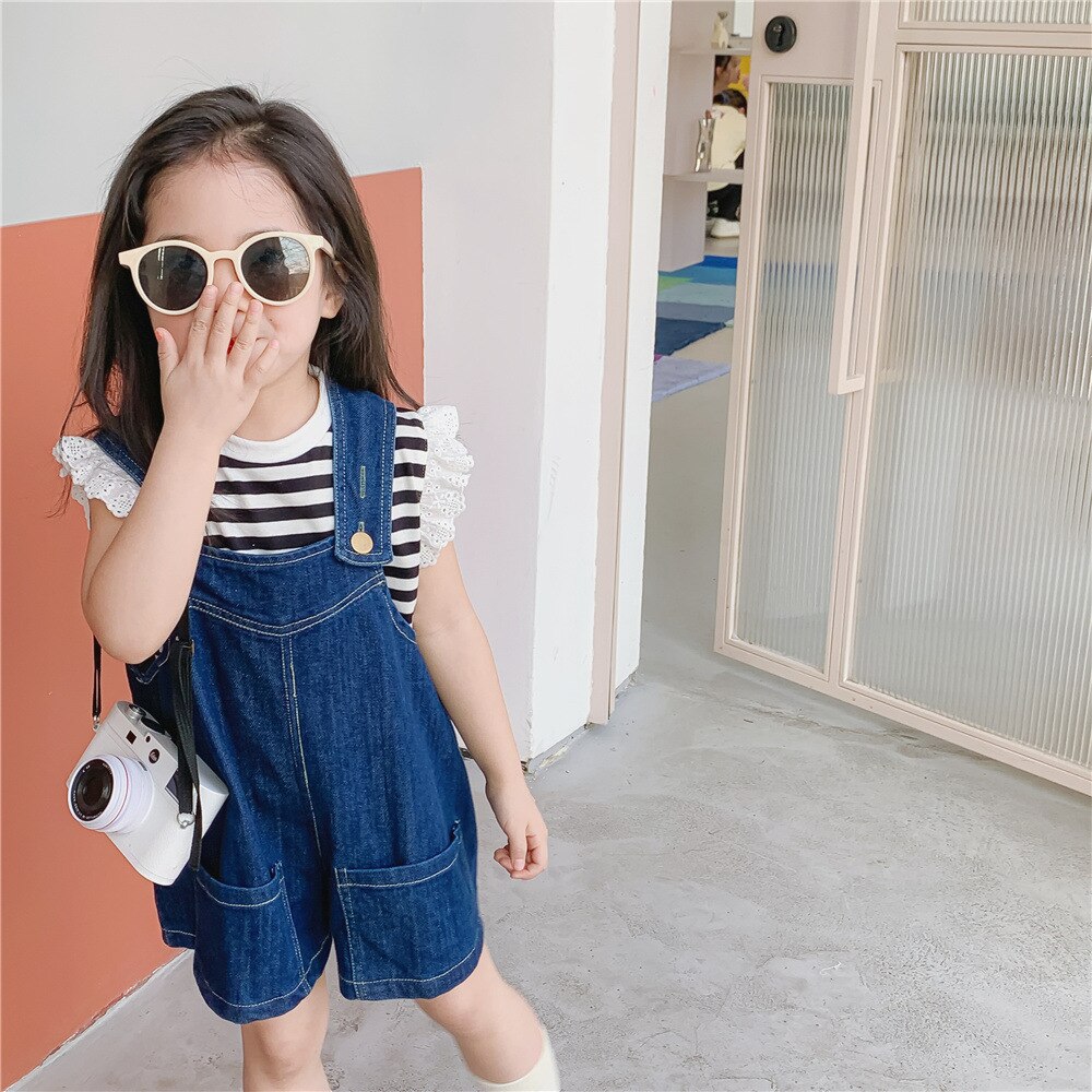 Summer Children Pants Girls Korean Loose Leisure Denim Bib Shorts