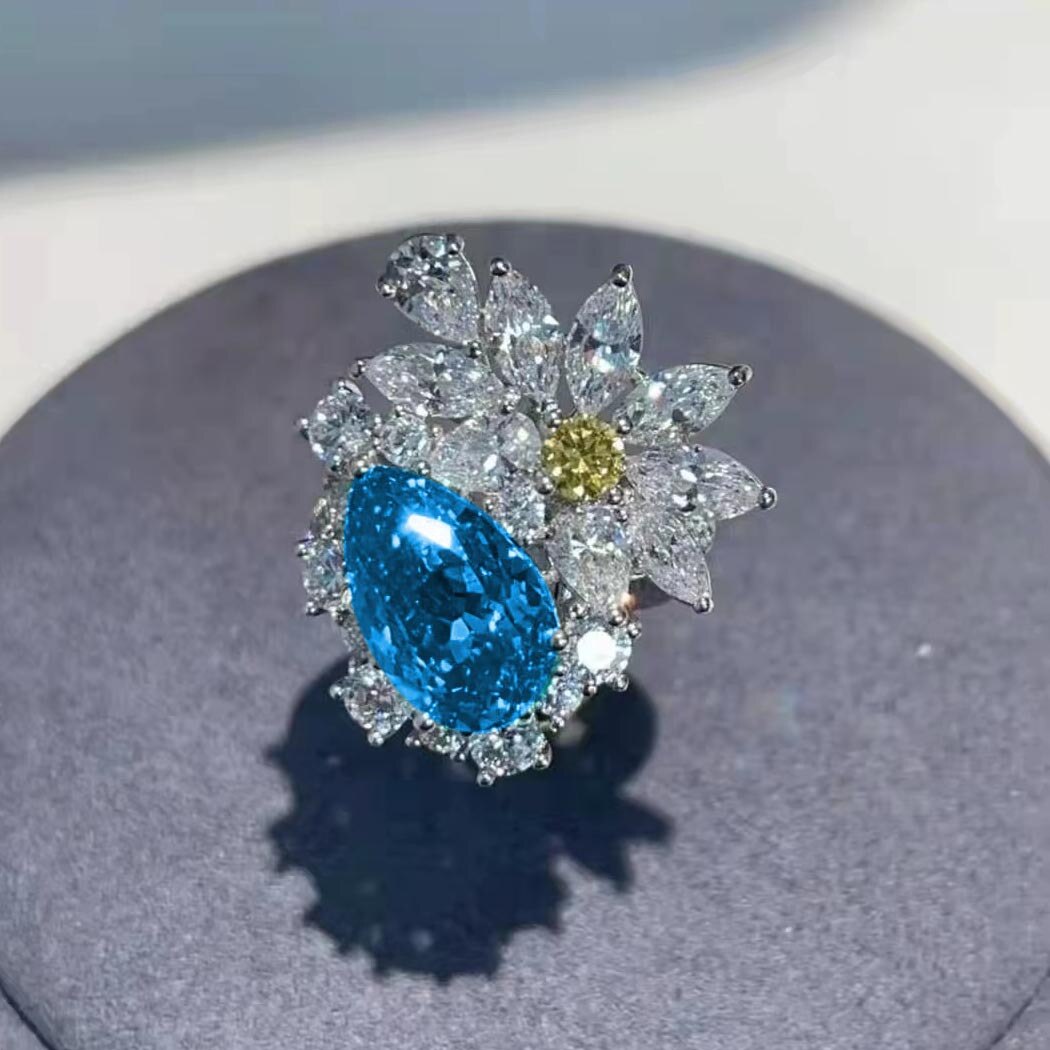 Neue Frauen Luxus -förmigen Ohrringe Zirkon Stein offen Ring Silber Farbe Meer Blau Kristall Liebhaber Versprechen Schmuck