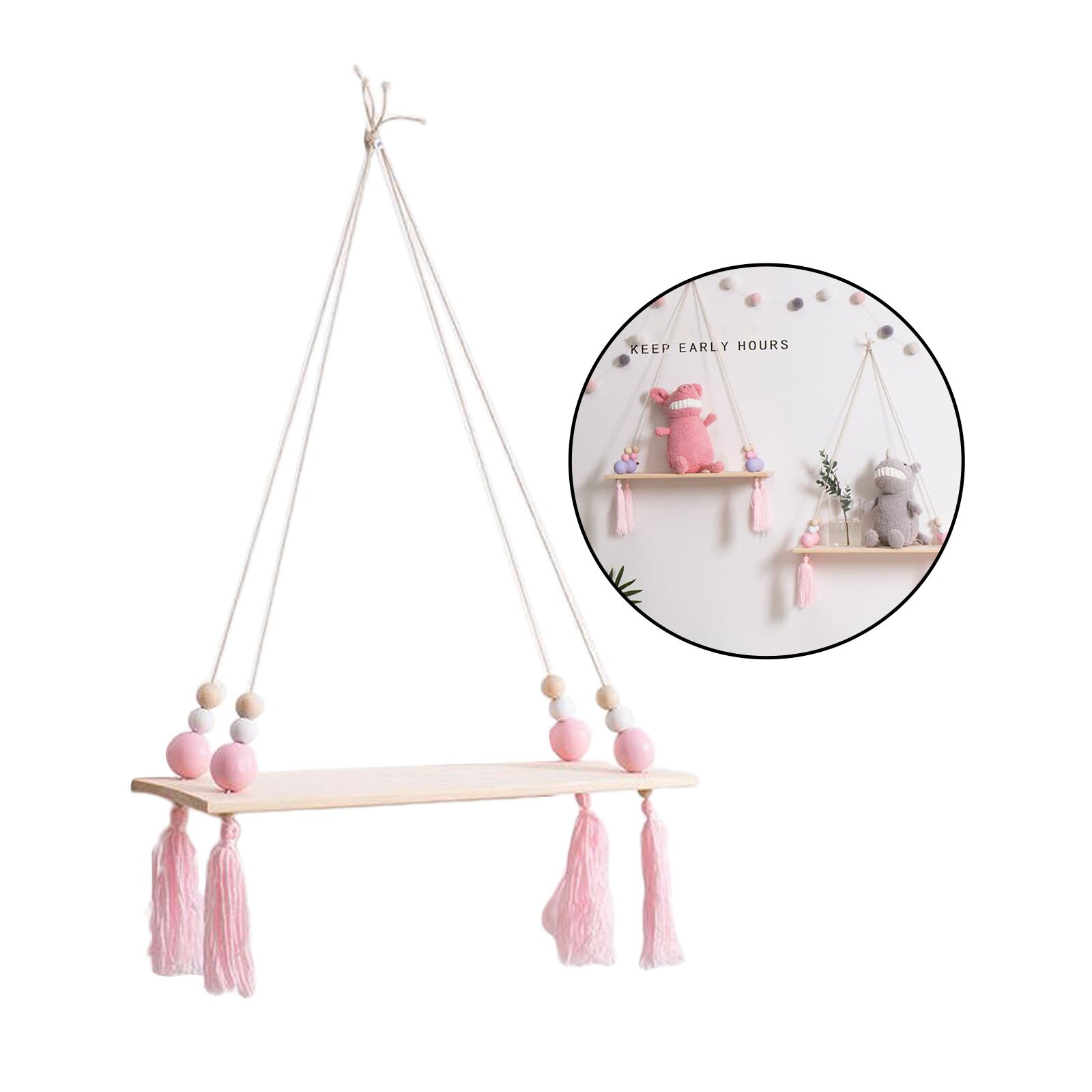 Wooden Wall Shelf Rope Hanging Floating Shelf Flower Pot Stand Purple Bead: Pink Bead