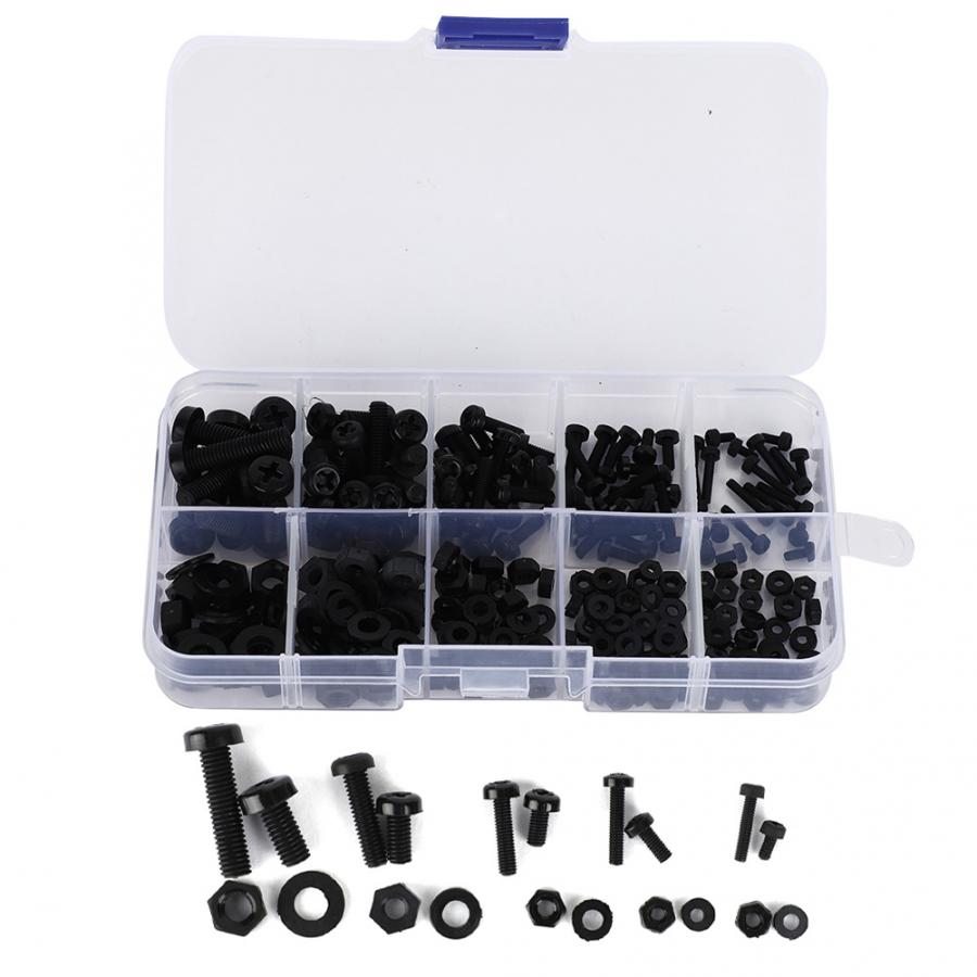 Nylon Screw Nut Washer Kit 270pcs/box M2/M2.5/M3/M4/M5 Nylon Screw Nut Washer Assortment Kit Hardware Fasteners: black