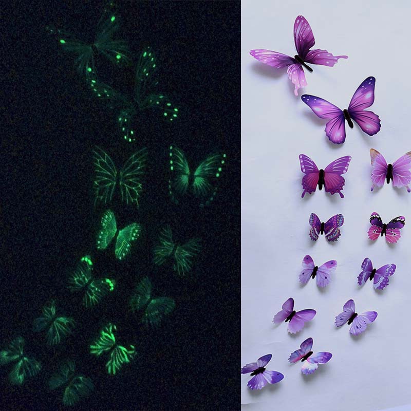 12 pièces lumineux 3D papillon Stickers muraux décor à la maison bricolage lueur dans le noir autocollant autocollant pour enfants chambre décoration de fête de mariage