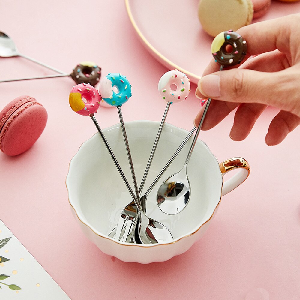 Donut Cute Stainless Steel Doughnut Dessert Spoon Fork Coffee Ice Cream Candy Kitchen Flatware Baby Kids Dinnerware