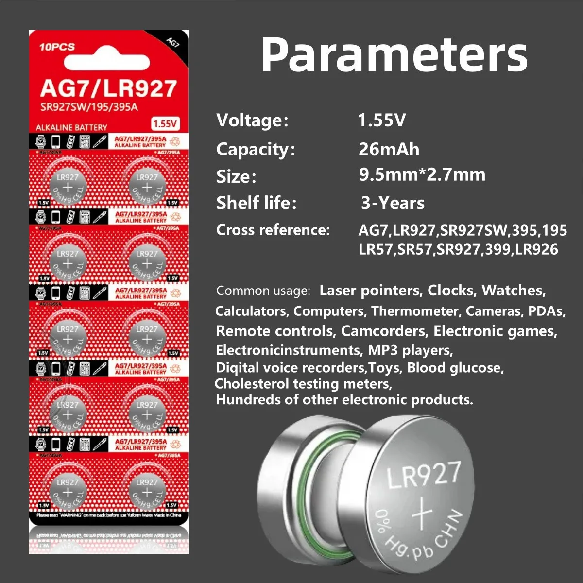 2-100pcs AG7 LR927 SR927SW LR57 SR927 395A 1.5V Button Cell Batteries,Watch Battery for Toys/Calculators/Watches,Long-Lasting