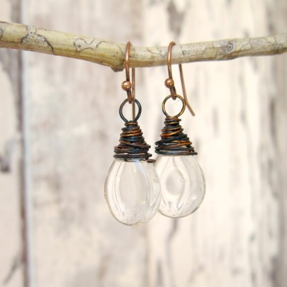 Clear Glass Dangle Earrings Oxidized Copper Wrapped Glass Earrings Czech Glass Earrings