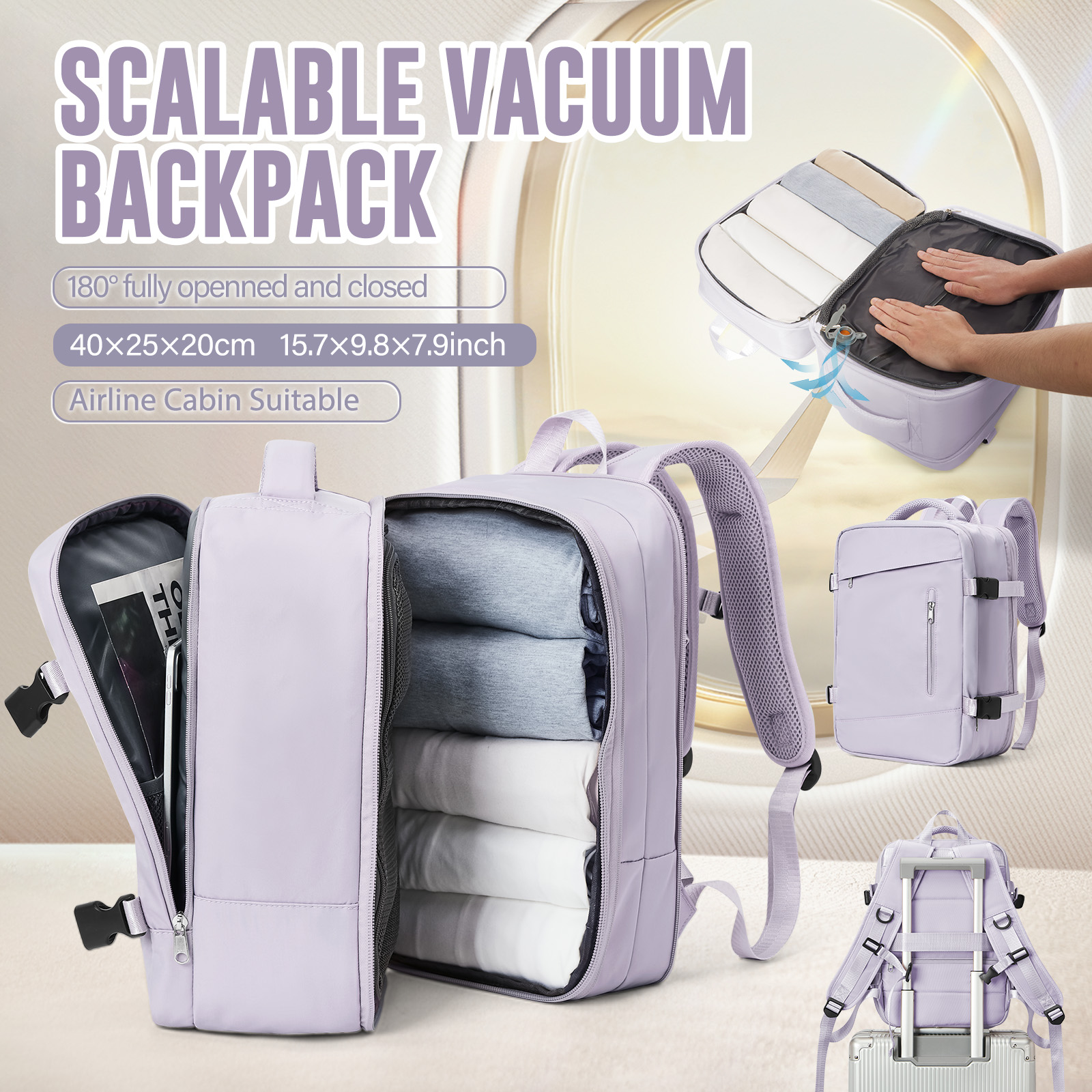 Grote reisrugzak Vacuümcompressierugzak voor dames Reizen Carry on Business Day, Ryanair-rugzak 40x20x25 reistas: Lavendel