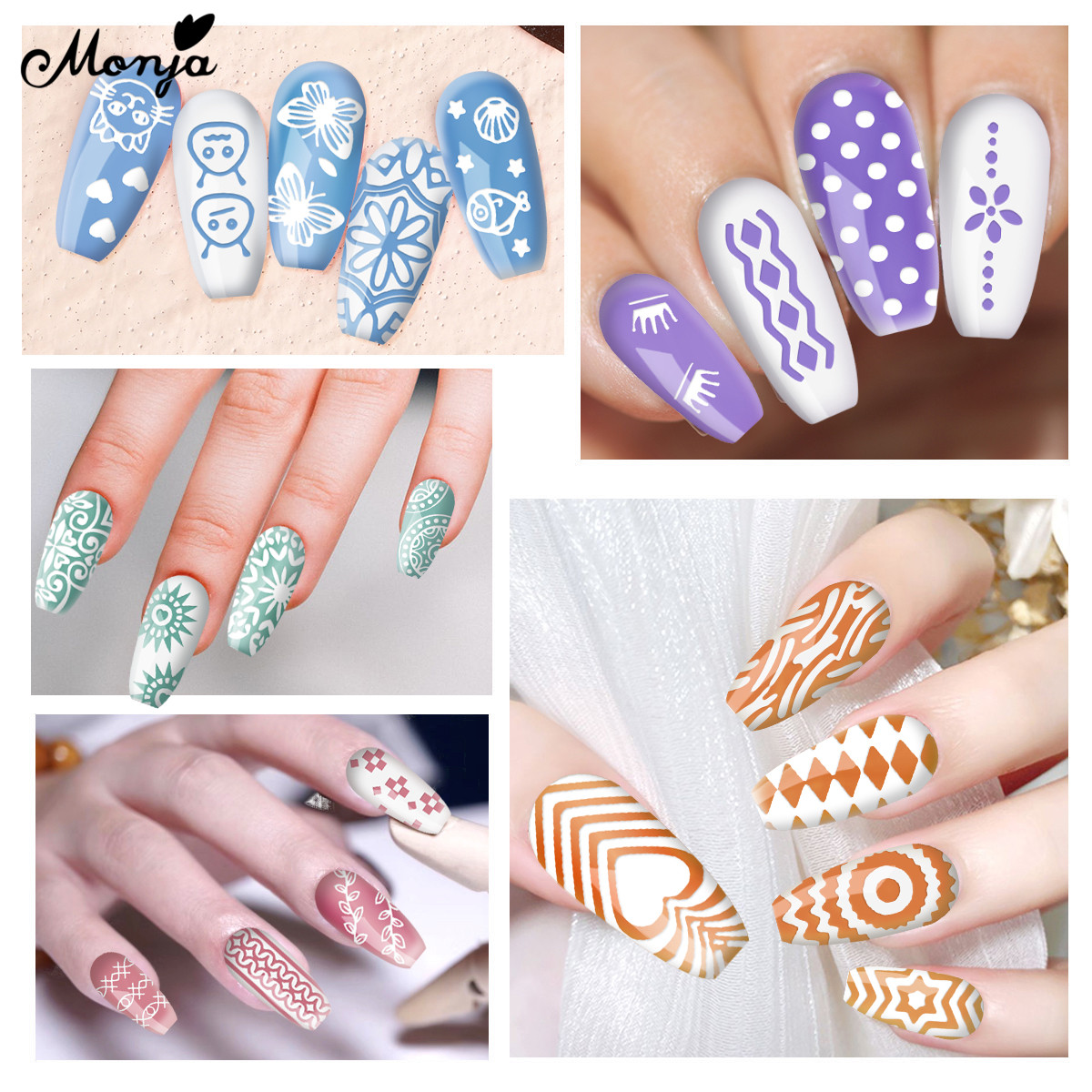 Monja 10 Stile Nagel Kunst Vorlagen Blume Ebene Streifen Geometrische aufbringen Stanzen Platten Druck Schablone DIY Manikübetreffend Werkzeug