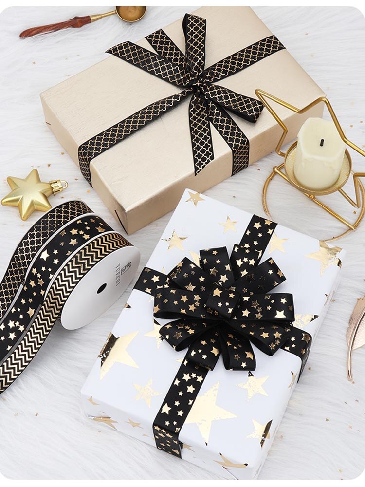 Cinta dorada negra de 2 yardas, embalaje de caja de para amantes, boda, evento, , Navidad, bricolaje, decoración de ramo de pastel de lazo hecho a mano