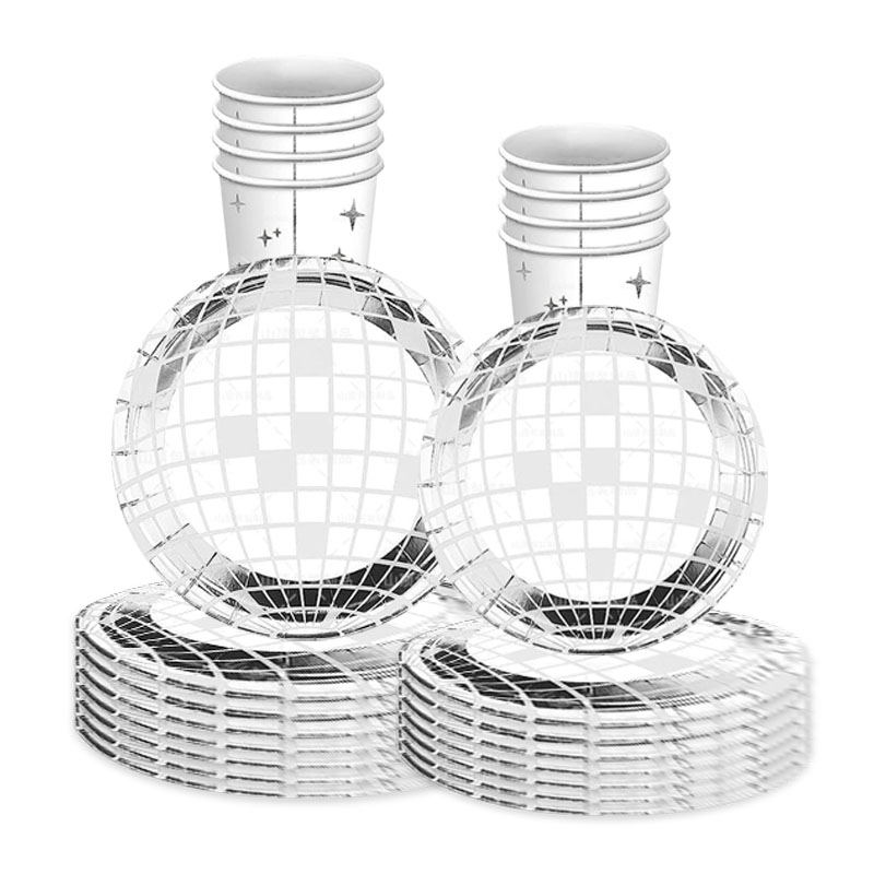 10Guests Disco Silver Ball Disposable Tableware Silver Plates Disco Black Napkin Adult Disco Theme Happy Birthday Party Decor