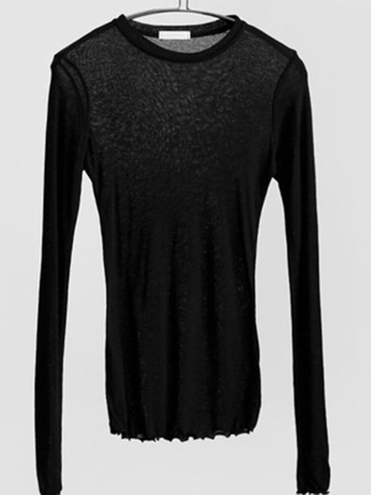 Plain T Shirt Women Elastic Basic T-shirts Female Casual Tops Long Sleeve Sexy Thin T-shirt see through