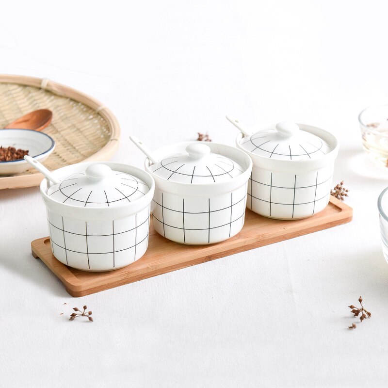 De cerámica Set de tarros de condimento botella de Salt Shaker utensilios para el hogar estilo japonés especia tanque accesorios de herramientas de cocina con asiento de almacenaje