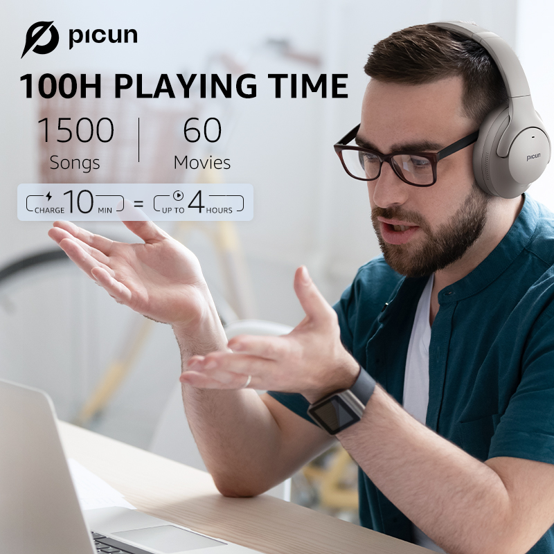 Picun anc -05 aktiva brusreducerande hörlurar med enc-teknik, trådlösa bluetooth-hörlurar over-ear-headset, 40h speltider