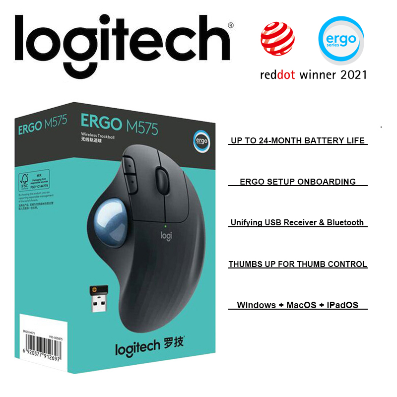 Logitech ERGO M575 Wireless Trackball Bluetooth Mouse with Precision Scroll Wheel ERGO Setup Onboarding Unifying USB Receiver