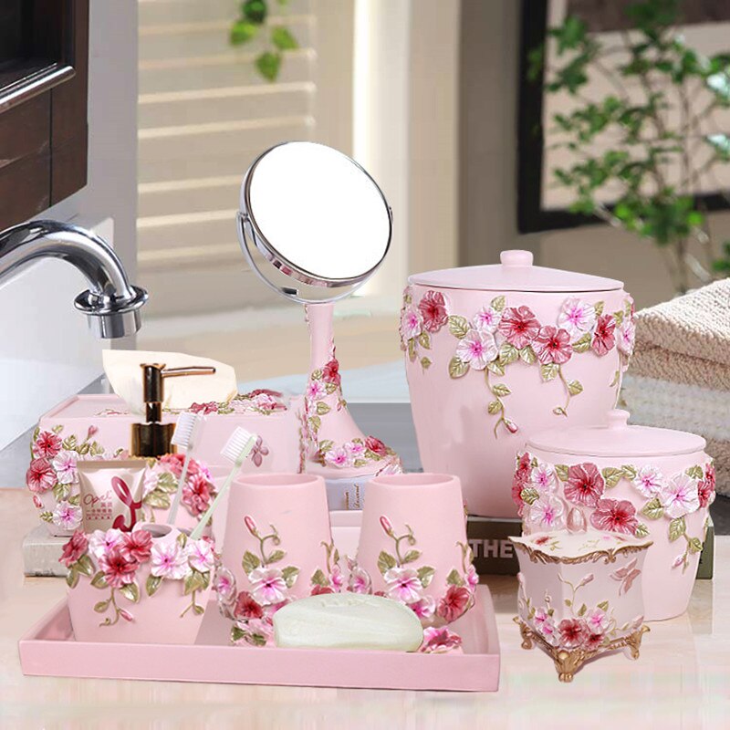Wedding Bathroom Set- Pink Bathroom Accessories Kit-Red Resin Five-piece Set-Soap Dispenser-Toothbrush Holder