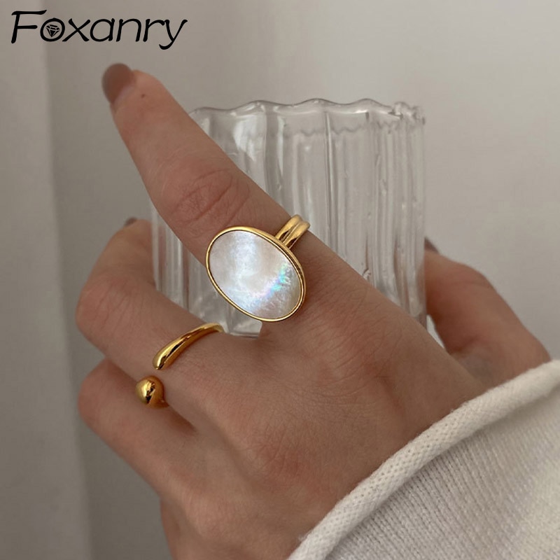 Foxanry 925 Sterling Zilver Shell Ringen Luxe Bruid Sieraden Voor Vrouwen Simple Ellipse Geometrische Party Accessoires