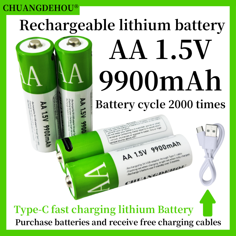 Oppladbart merke aa-batteri 1.5v x 9900 mah med stor kapasitet, type c, hurtiglading, mus/leketøy/digitalvekt/fjernkontroll, universell, resirkulerbar 2000 ganger + ekstra lang batterilevetid