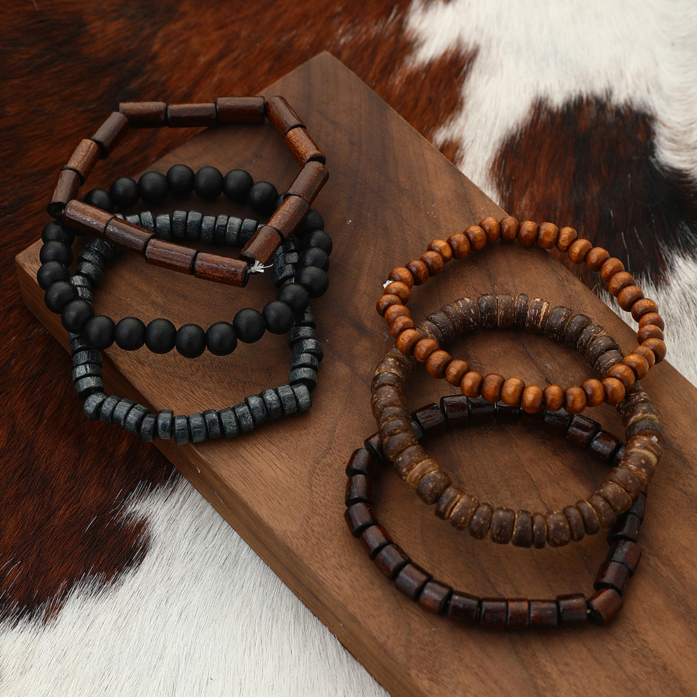 6 pçs novo estilo nacional de madeira retro masculino artesanal frisado pulseira design multi-cor linha elástica conjunto de pulseira de contas de madeira