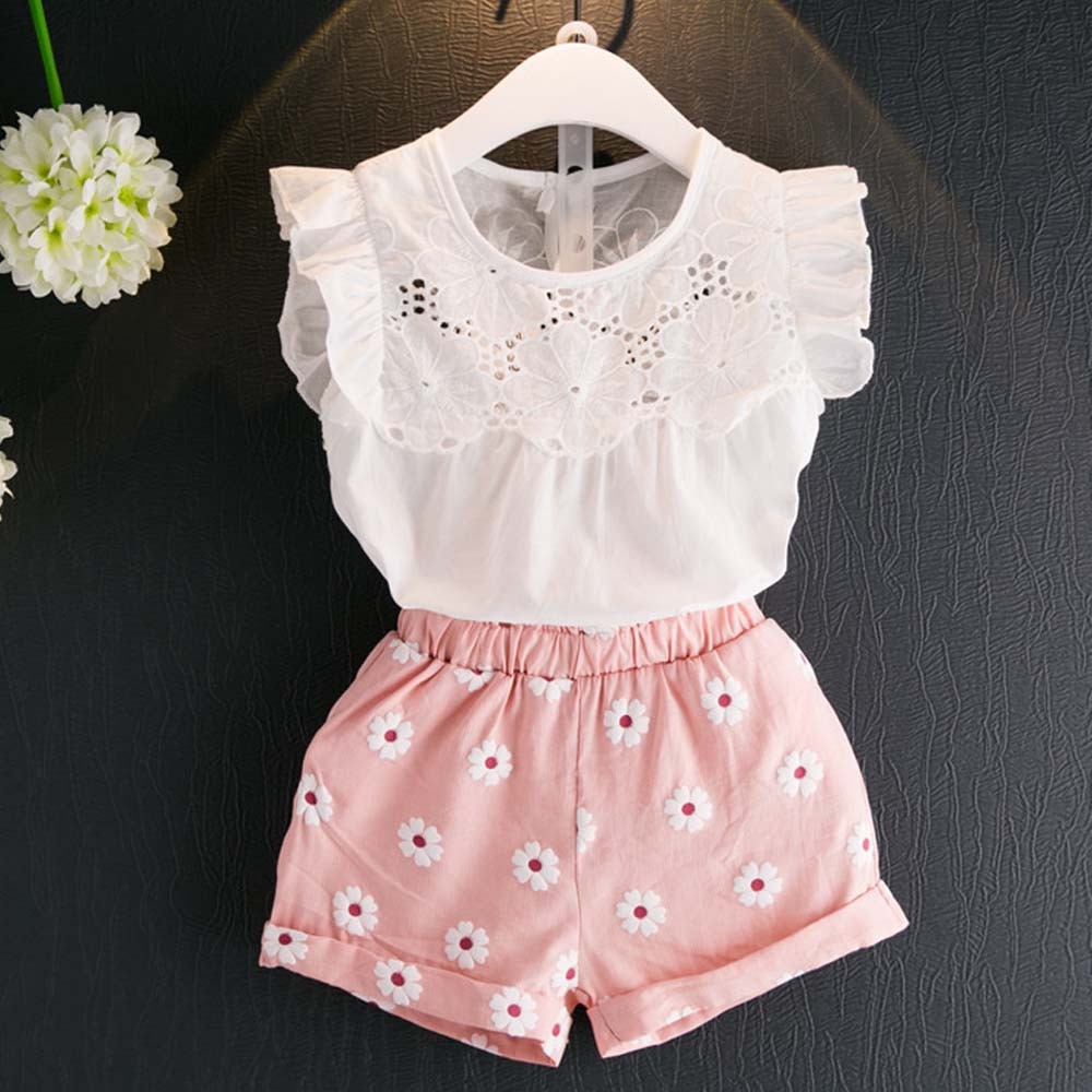 TELOTUNY abbigliamento Per Bambini Bambino Del Bambino Dei Bambini Del Bambino Vestiti Delle Ragazze Sveglio Del Merletto di Stampa T-Shirt Maglia Magliette E Camicette + Shorts Pantaloni 2PCS abiti Set Giugno