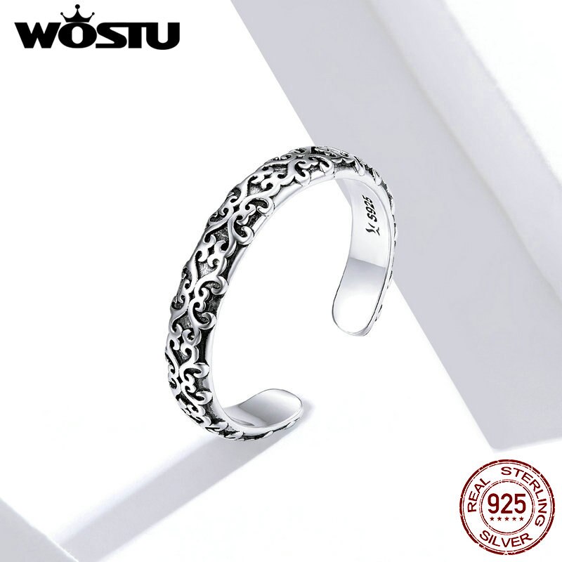 WOSTU Authentic 925 Sterling Silver Stackable Vintage Wave Open Ring for Women Korean Sterling Silver Jewelry CQR657