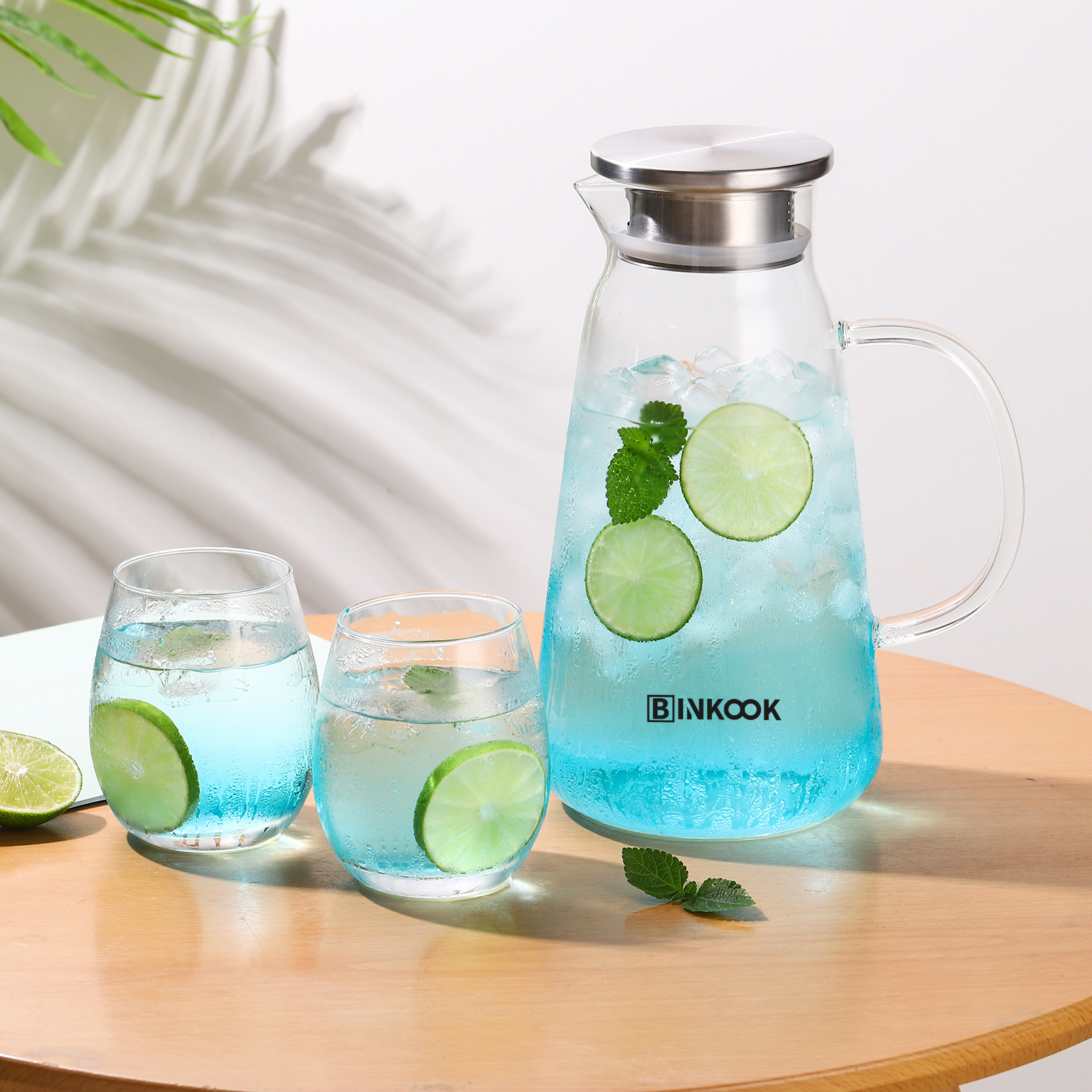 BINKOOK Large Glass Water Jug With Stainless Steel Lid Iced Tea Pot Juice Carafe Heat Resistant Kettle Beverage Container