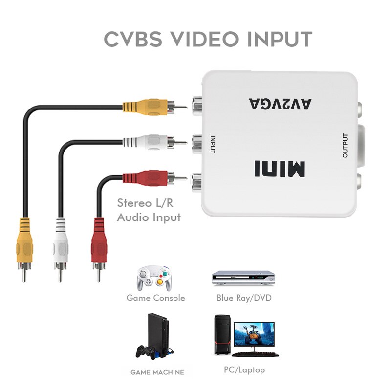 Convertidor Mini RCA a VGA, convertidor AV2VGA VGA2AV con Audio de 3,5mm, convertidor de vídeo VGA para PC a TV, ordenador a TV
