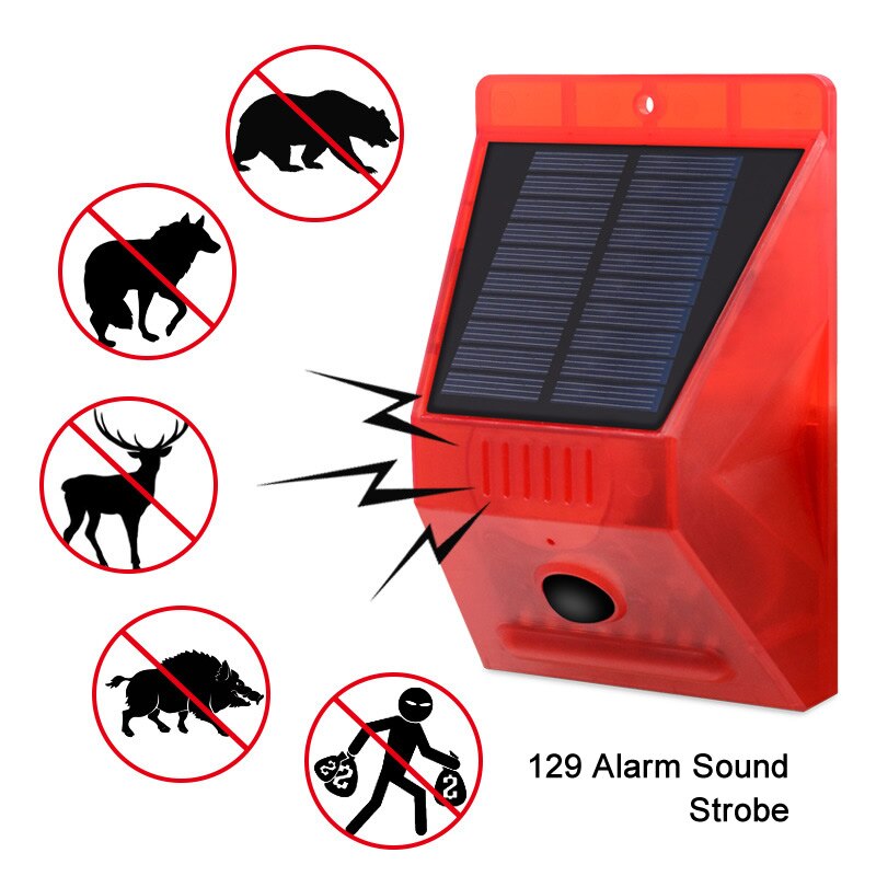 Alarma de movimiento PIR con energía Solar, Sensor de movimiento con Control remoto, 129dB, sirena estroboscópica para casa, jardín, cobertizo, caravana, sistema de alarma de seguridad