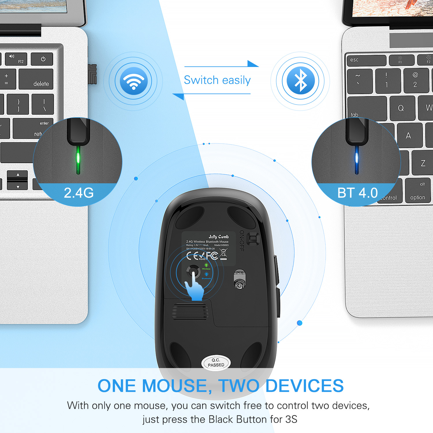 Jelly Comb Bluetooth Mouse 2.4G Wireless Portable Optical Mouse with USB Nano Receiver 3 Adjustable DPI Levels for PC Laptop