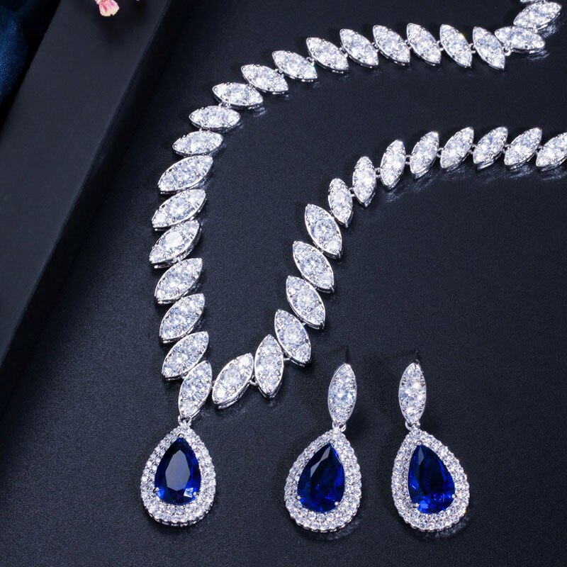 Pera CZ di Lusso Damigella D&#39;onore Accessori Cubic Zirconia Pietra Grande Da Sposa Da Sposa Pera Cut Caduta Set di Gioielli Per Le Donne J048: Royal Blue