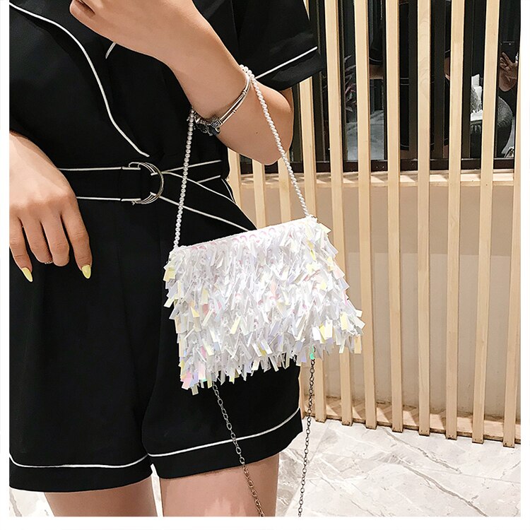 Luxe Zilveren Pailletten Strass Kwastje Vrouwen Kleine Schoudertassen Keten Elegante Dames Feestavond Clutch Purse