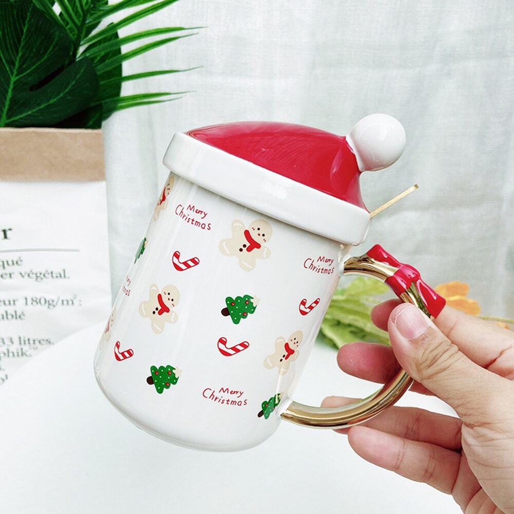 Tapa con forma de sombrero de Navidad, vaso de agua de caballo de cerámica de dibujos animados, oso de muñeco de nieve de Santa Claus con cuchara, taza de café, vasos de , 400ml: C