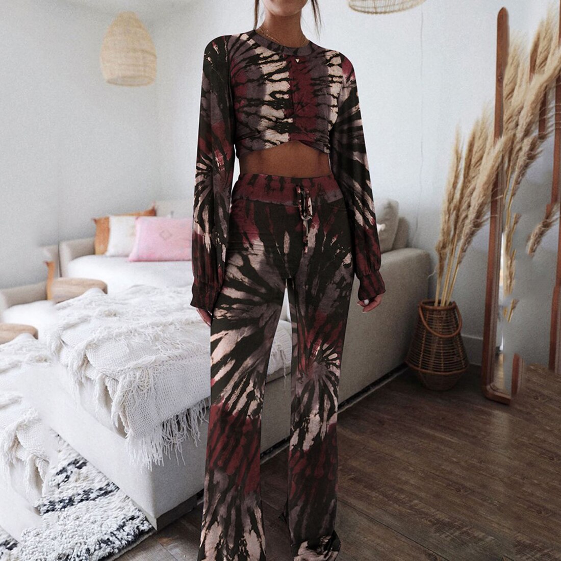 Tie-dye dames sportkleding lange mouwen kink top blote navel hoge taille broek tweedelige pakken dames herfst