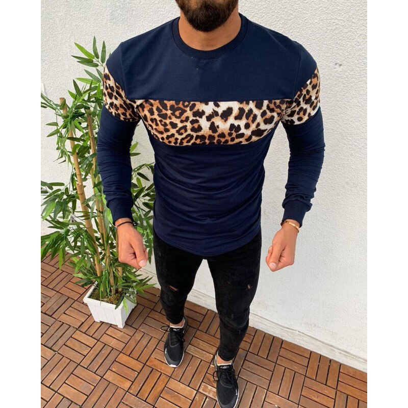 Sport Men Swearsuit Leopard Print Patchwork Tops Long Sleeve Sweatshirt