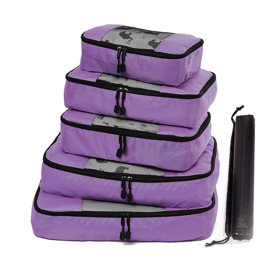 Bolsa de lona plegable impermeable de Nylon para mujer, bolsa de viaje con doble cremallera, bolsa de viaje para hombres y mujeres: PURPLE 5 Set