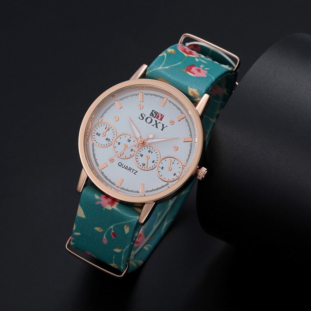 Kobiety luksusowej marki zegarek SOXY moda złoty zegarek kobiety ubierają pasek ze skóry zegarek kwarcowy panie godzin zegar panie prezent Relogio Feminino