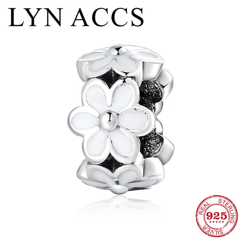 Ajuste original lynaccs charme pulseira moda 925 prata esterlina esmalte branco flor espaçador grânulos para fazer jóias