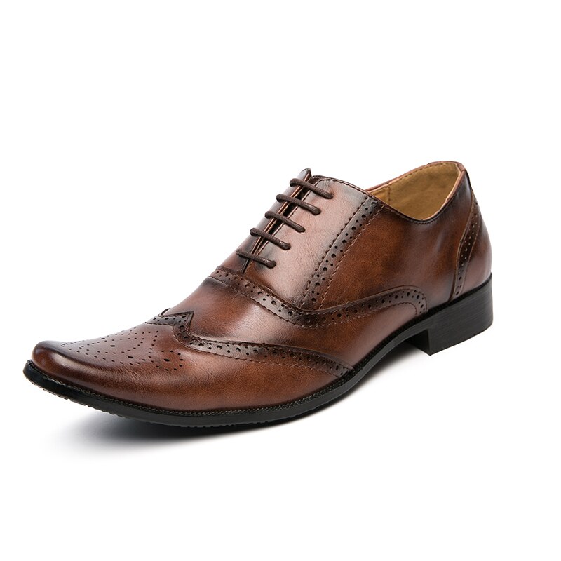 FIXSYS Mens Dress Shoes Pointed-toe Oxford Shoes Leather Brogue Shoes Classic Business Formal Shoes Man Wedding Shoes: Brown / 8