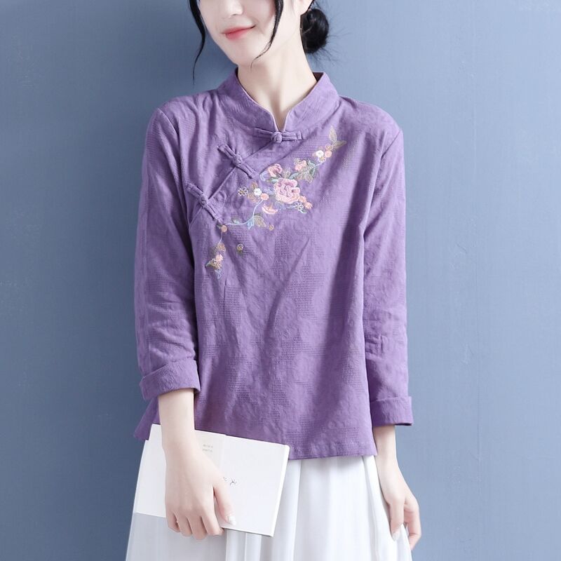 Camisa informal de manga larga para mujer, top de estilo chino tradicional, blusa clásica de cuello mandarín, ropa vintage, qipao para mujer 2022