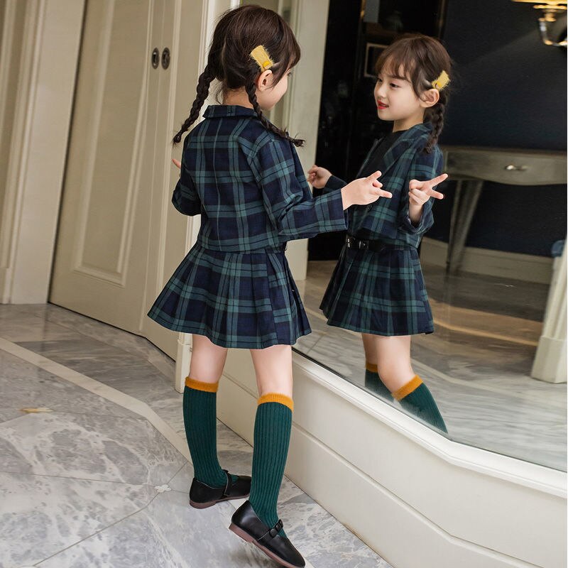 Meisjes Blazer Lente Autumnjackets Pak Kinderen Kids Blazer + Plooirok Schooluniform 2 Stuks Meisje Pak Effen Kleur Kleding set