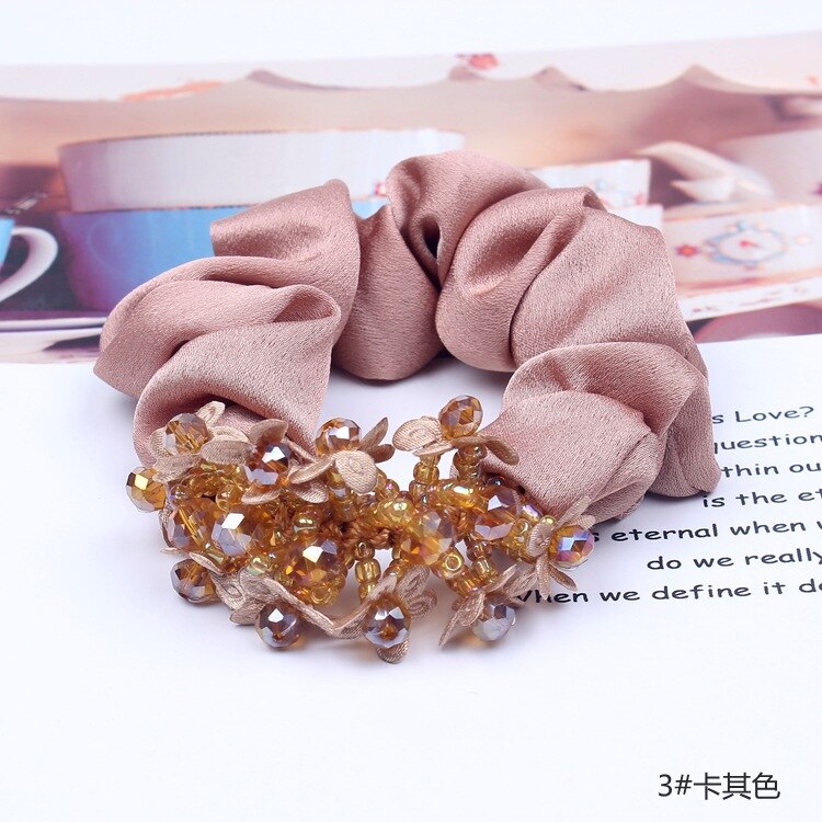 Vrouwelijke Elegante Kralen Armband Crystal Haarband Satijnen Doek Dikke Darm Ring Dikke Hoofd Rop Zuid-korea Haaraccessoires: 4  Khaki